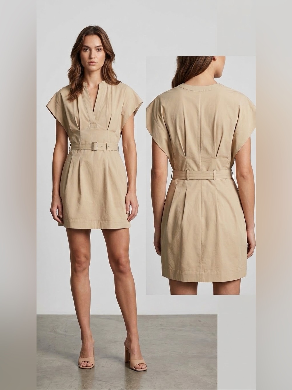 Zara Beige Belted Short Sleeve Mini Dress